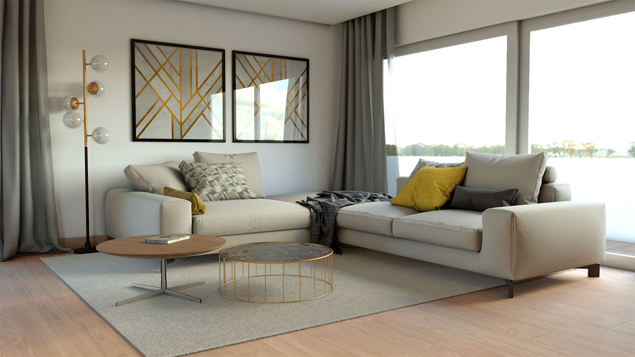 design e decoração de uma sala de estar com tons neutros e apontamentos dourados