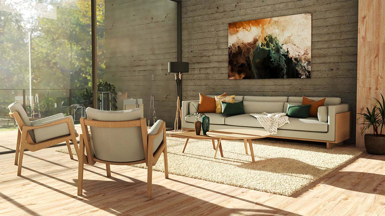 design e decoração de uma sala de estar ampla com sofá e poltronas estofadas e em madeira, grandes janelas