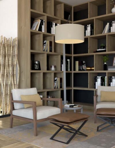 design e decoração de canto de leitura com mobiliário por medida, poltronas, banquetas, tapete e iluminação com madeira natural