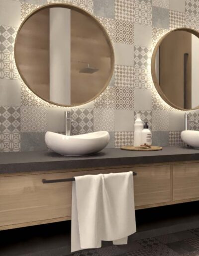 design e decoração de casa de banho de quartos com espelhos, iluminação e mobiliário por medida