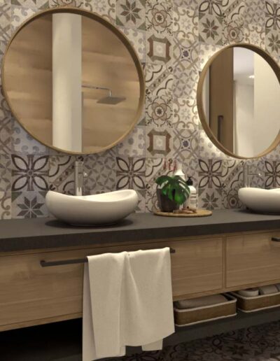 design e decoração de casa de banho de quartos com espelhos, iluminação e mobiliário por medida