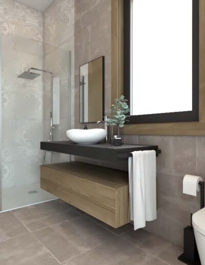 design e decoração de casa de banho de uma suite com espelhos, iluminação, chuveiro base de duche e mobiliário por medida