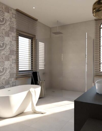 design e decoração de casa de banho de uma suite com espelhos, iluminação, banheira e mobiliário por medida