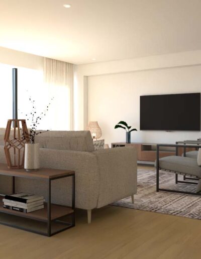 design e decoração de sala de estar com tons claros, móvel tv em nogueira, mesa de centro em madeira