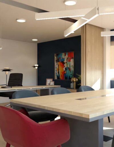 design e decoração de escritório e sala de reuniões com mesas, cadeiras e secretárias