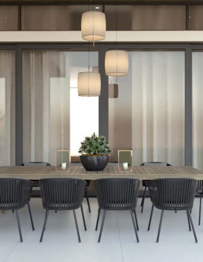 design e decoração de zona de jantar exterior com mobiliário de exterior iluminação confortável