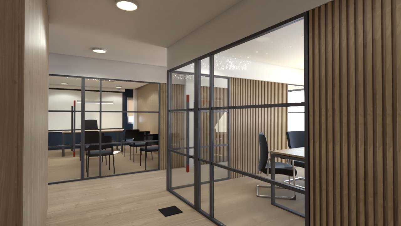 design e decoração de hall de escritórios com divisórias em vidro e ripados