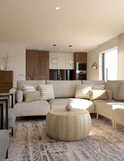 design e decoração de open space, sofas e poltronas em tons neutros, mobiliário em nogueira