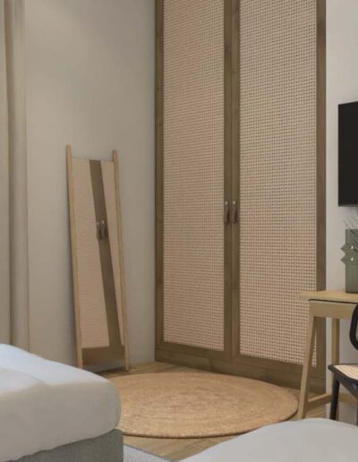 design e decoração de quarto de uma habitação moderna com cama e cabeceira em madeira personalizada e mobiliário por medida