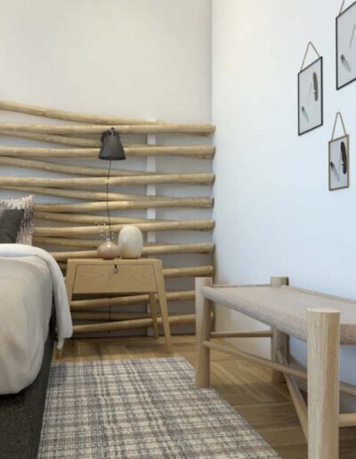 design e decoração de quarto de uma habitação moderna com camas e cabeceira em madeira personalizada e mobiliário por medida