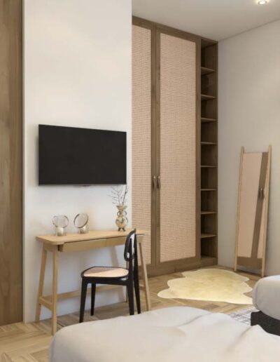 design e decoração de quarto de um alojamento local moderno com camas e cabeceiras em madeira personalizada e mobiliário por medida