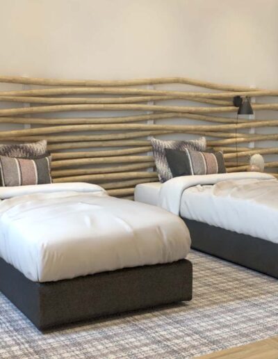 design e decoração de quarto de uma habitação moderna com cama e cabeceira em madeira personalizada e mobiliário por medida