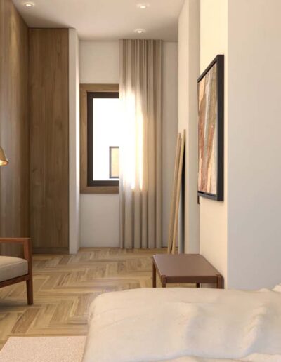 design e decoração de suite de uma habitação moderna com cama e cabeceira em madeira personalizada e mobiliário por medida