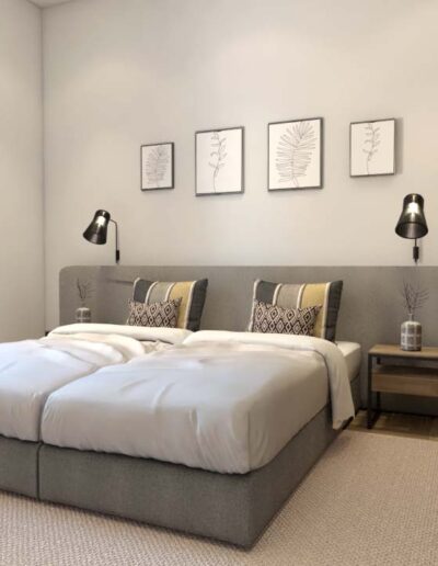 design e decoração de quarto de uma habitação moderna com camas e cabeceira estofada personalizada e mobiliário por medida
