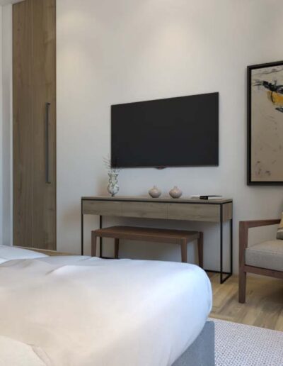 design e decoração de quarto de uma habitação moderna com cama e cabeceira personalizada e mobiliário por medida