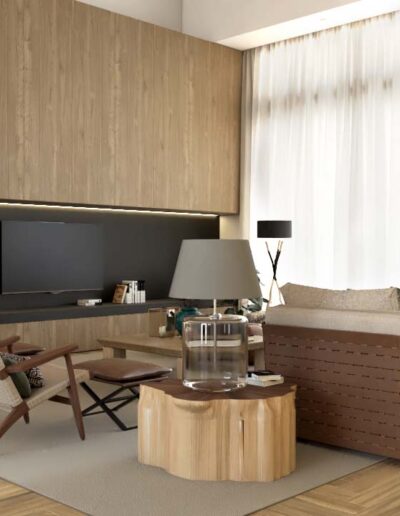 design e decoração de sala de estar de uma habitação moderna com sofá em estrutura metálica com entrelaçados em pele, mesa de apoio natural, poltronas em materiais naturais, uma grande móvel tv com lareira