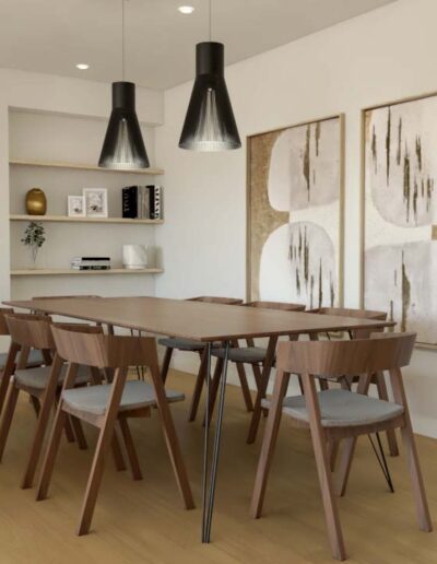 design e decoração de sala de jantar com tons claros, mobiliário personalizado, quadros grandes e estante embutida