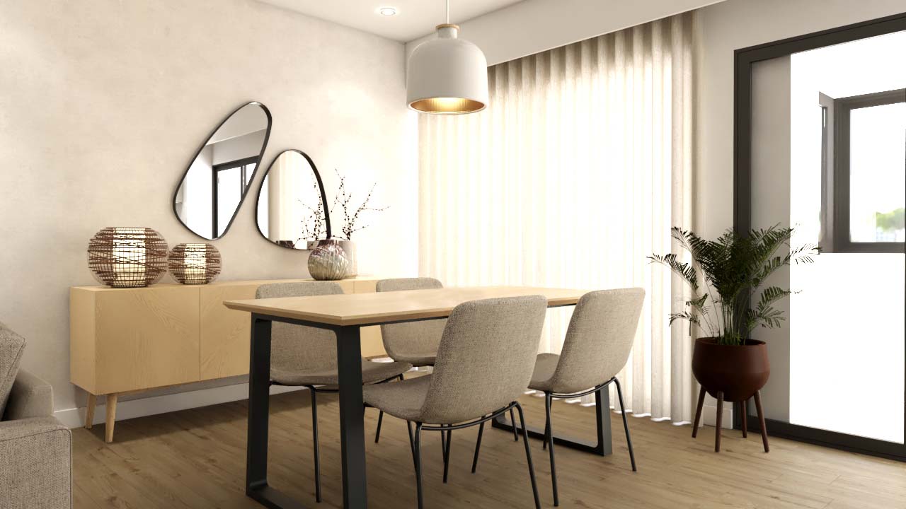 decoração de sala de jantar de um apartamento com mesa, cadeiras e aparador em tons claros