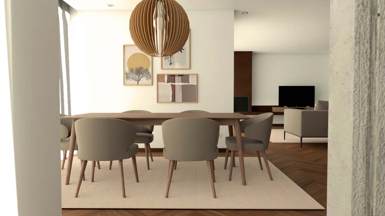 design e decoração de sala de jantar, mesa em madeira, cadeiras estofadas, iluminação suspensa em madeira