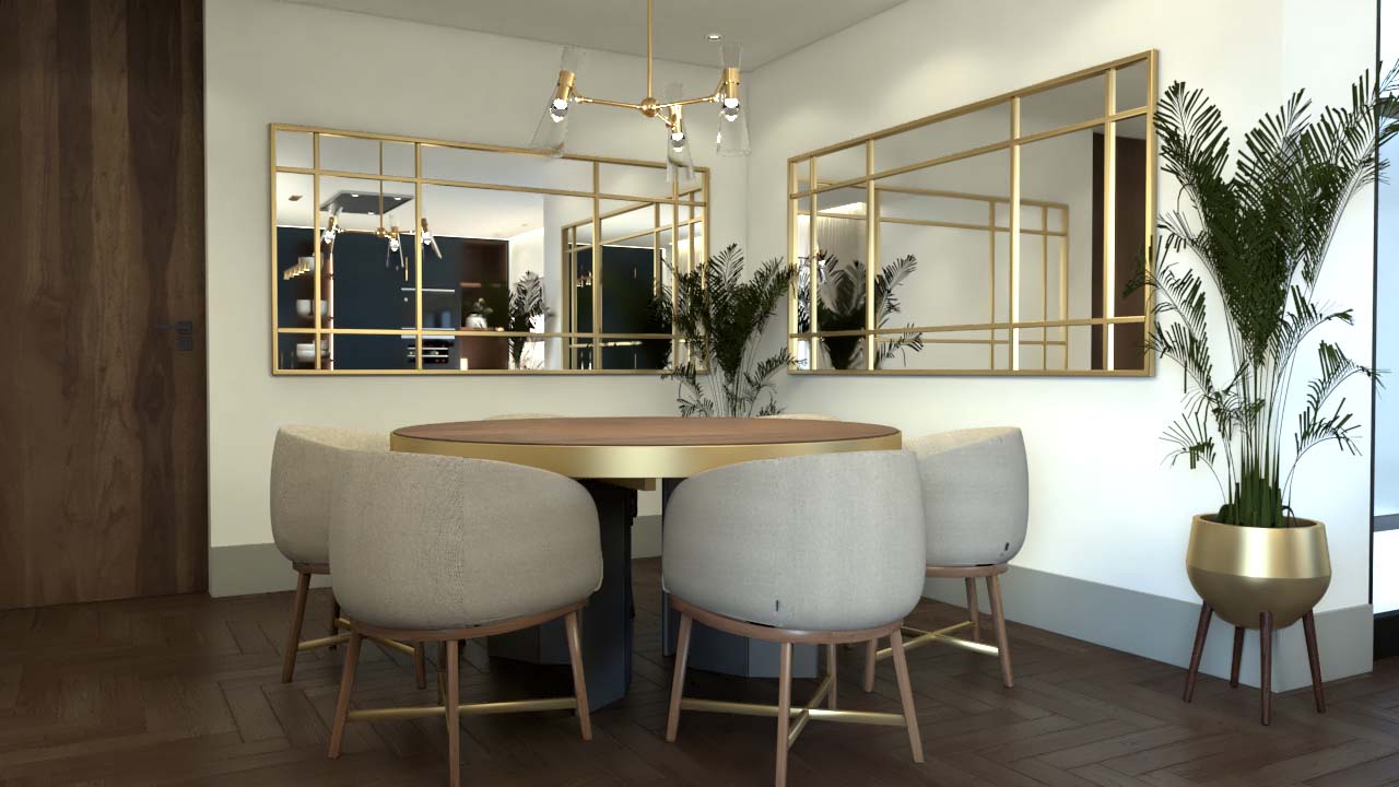 zona de jantar numa cozinha de uma moradia moderna com tons dourados e mobiliário personalizado e luxuoso