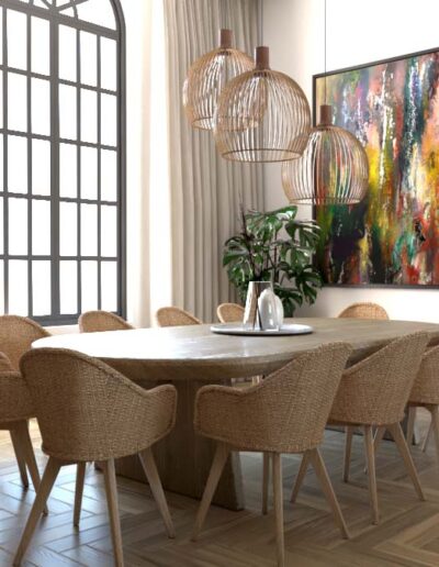 design e decoração de sala de jantar de uma habitação moderna com mesa de jantar e cadeiras em madeira, iluminação suspensa, grande quadro colorido na parede e mobiliário por medida