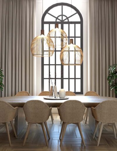 design e decoração de sala de jantar de uma habitação moderna com mesa de jantar e cadeiras em madeira, iluminação suspensa, grande quadro colorido na parede e mobiliário por medida