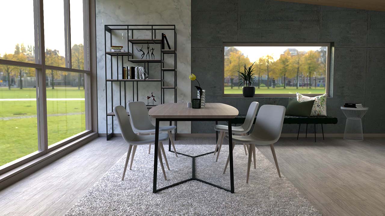 design e decoração de interiores de uma sala de jantar com mesa e cadeiras modernas e uma estante em metal e madeira. ambiente minimalista