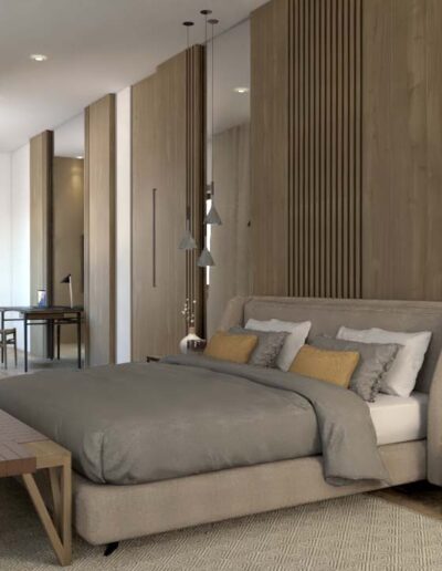 design e decoração de suite de uma habitação moderna com cama, mesa de cabeceira, iluminação suspensa, espelhos na parede e mobiliário por medida
