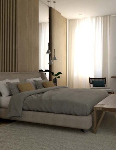 design e decoração de suite de uma habitação moderna com cama, mesa de cabeceira, iluminação suspensa, espelhos na parede e mobiliário por medida