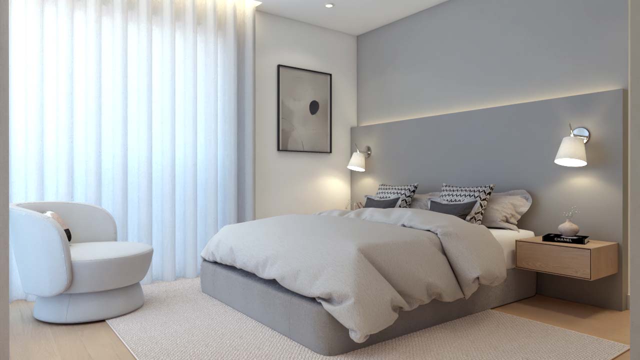design e decoração de suite principal minimalista em tons claros e cinzas, mesas de cabeceira suspensas