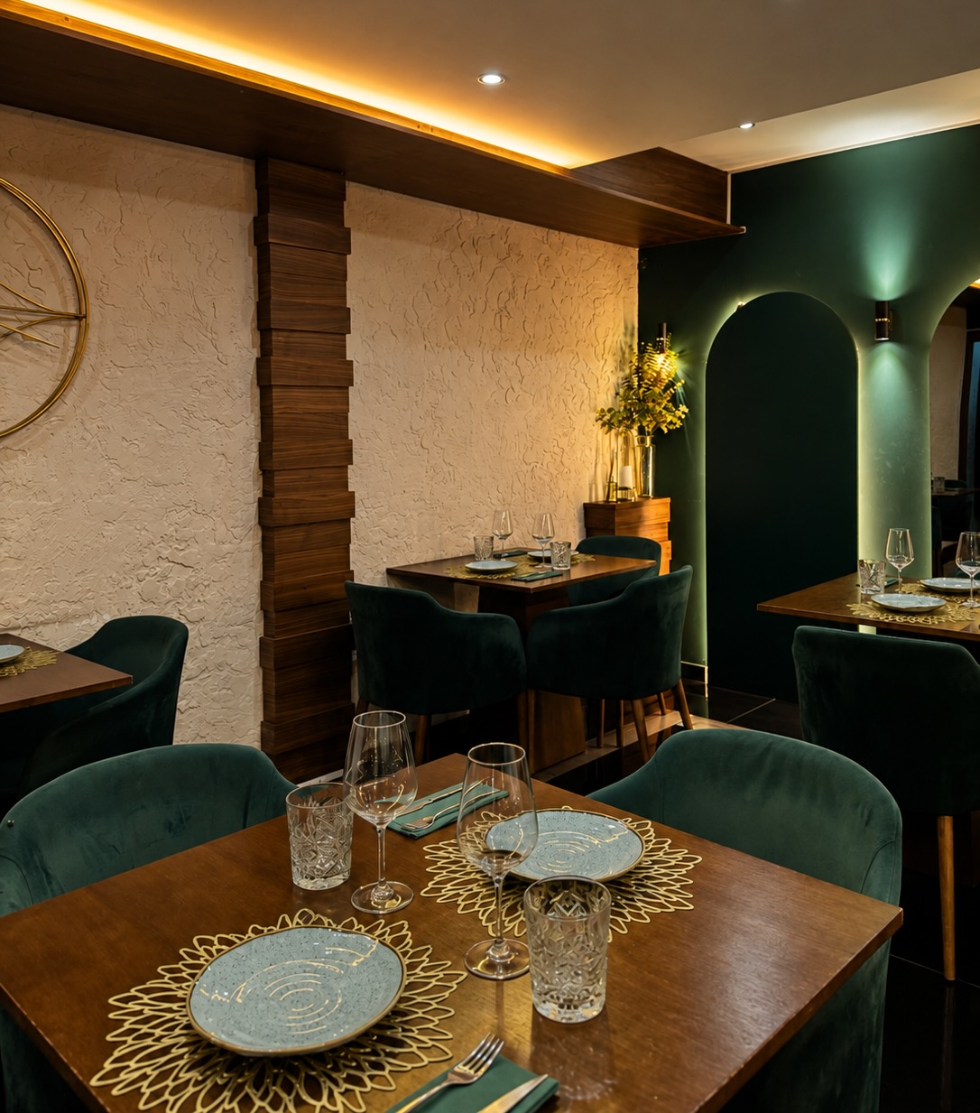 Fotografia das mesas de madeira, cadeiras verdes e paredes texturadas do Restaurante Minerva